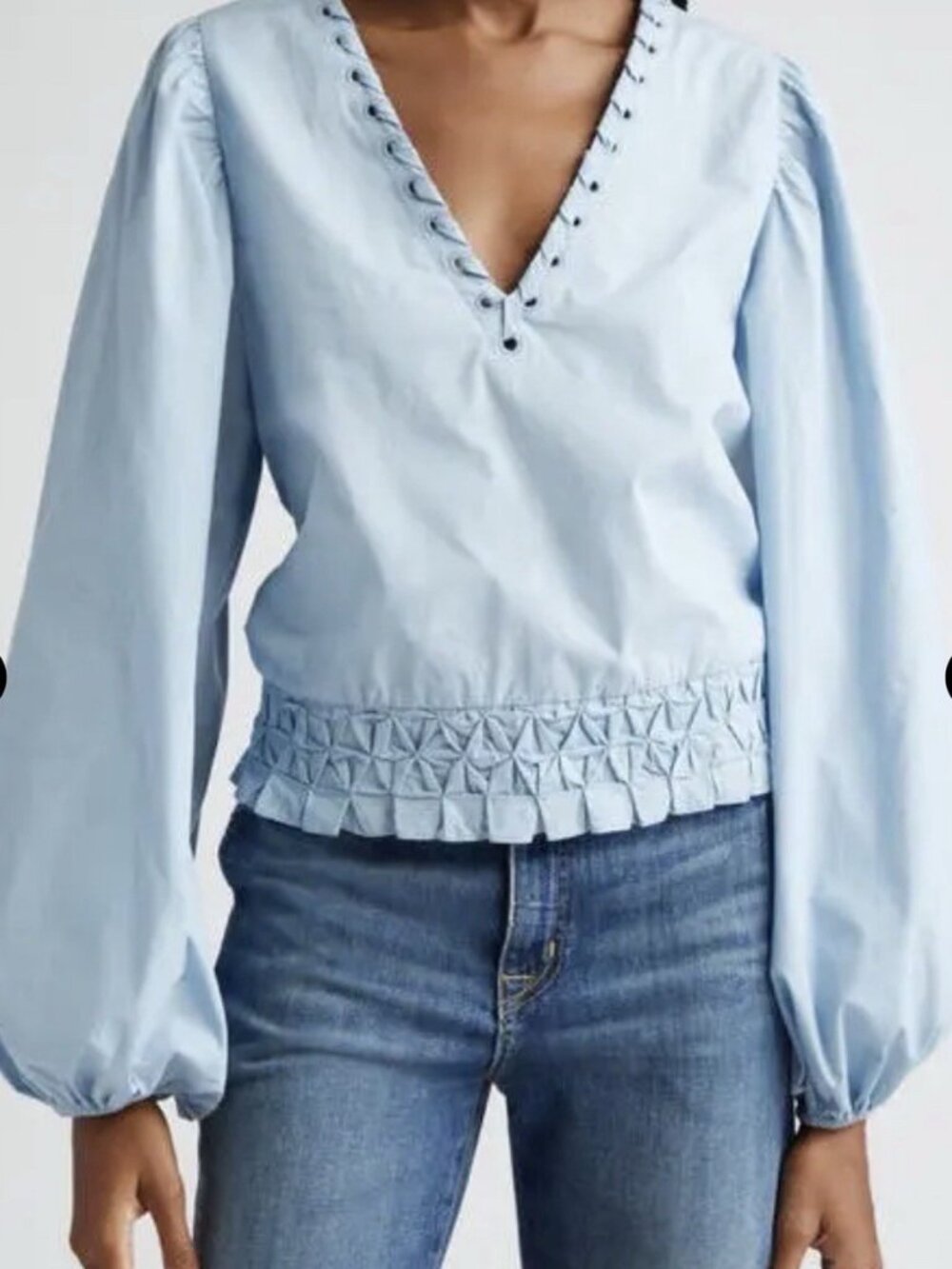 Ramy Brook Baby Blue V Neck Blouse Long Sleeve Smocked Waist Runs large 36X26